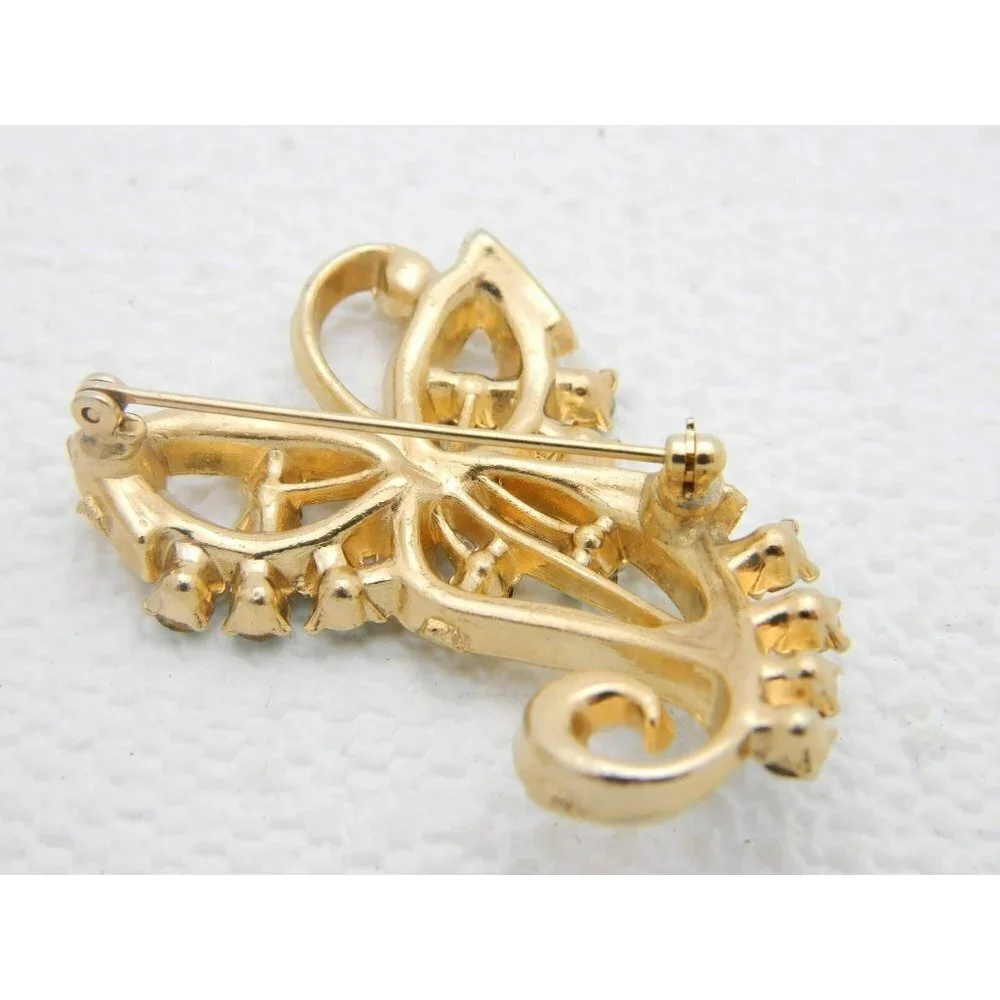 VTG Gold Tone Green Rhinestone Faux Pearl Art Nouveau Style Pin Brooch